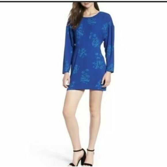 B-965 Leith Floral Mini Long sleeve Minidress Blue Shadow Floral size M - Picture 1 of 2